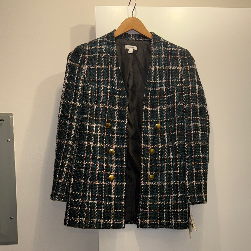 Bar III Green Plaid Blazer with Gold Buttons